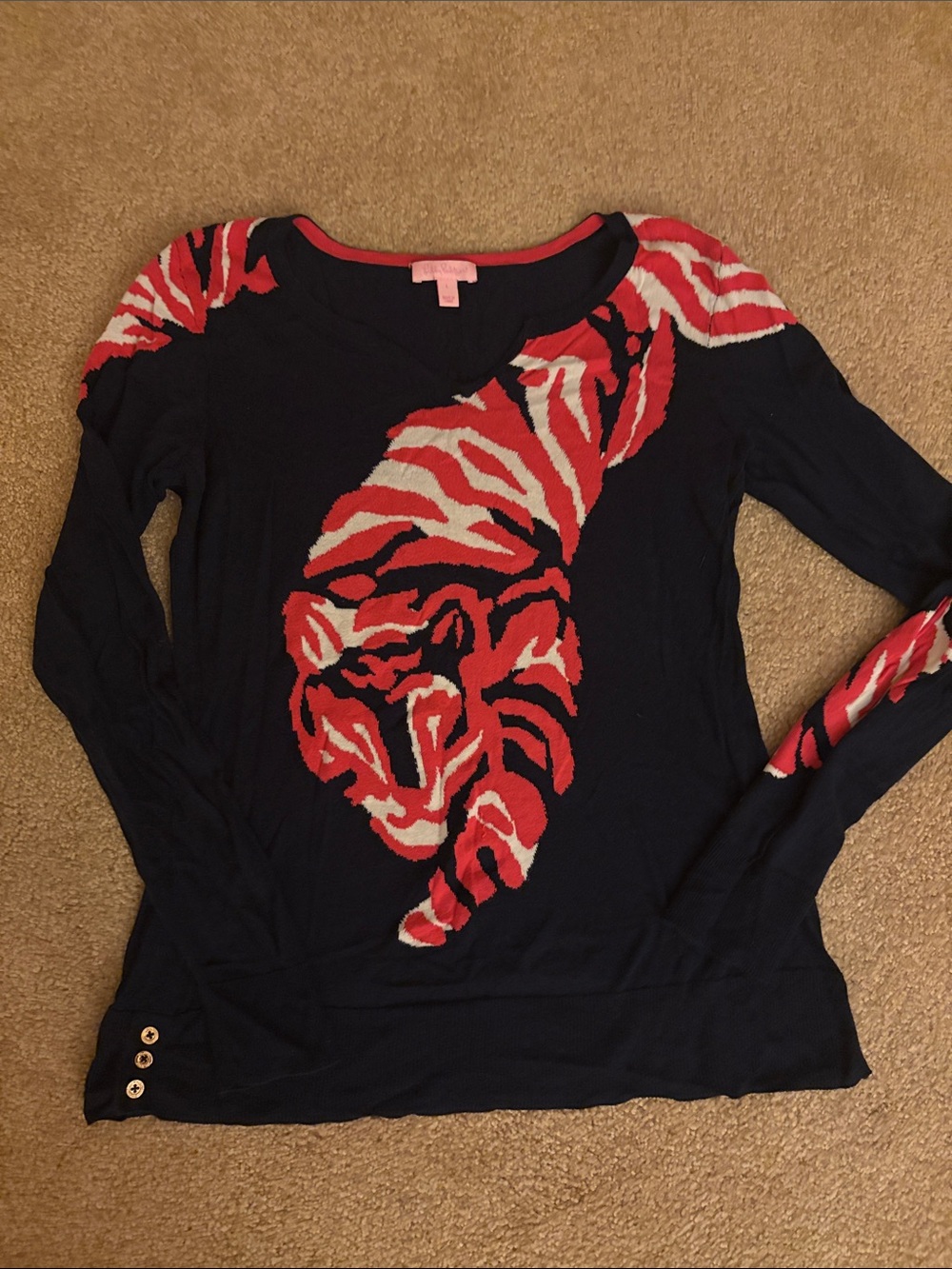 Lilly Pulitzer Navy Long-Sleeve Top with Red and Cream Tiger Design